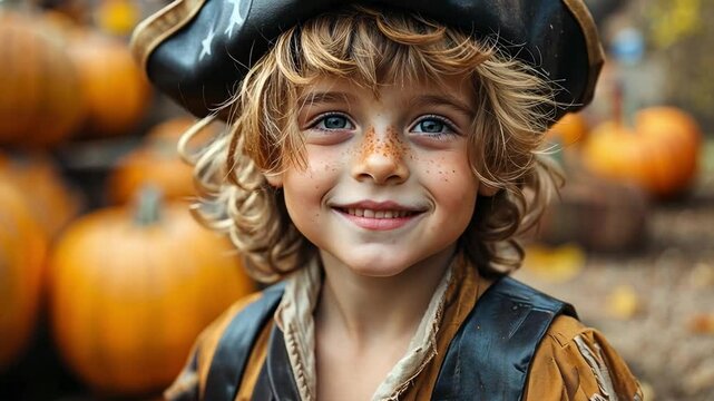 This boy in a pirate costume beams joyfully while surrounded by pumpkins during autumn festivities.