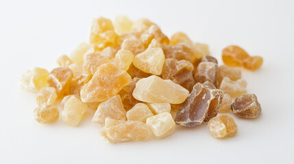 a clean, minimalist image with a small pile of frankincense resin placed at the center of a pure white background