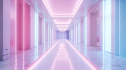 Neon Glow Hallway: A Modern and Futuristic Design. White Luxury Hotel Corridor, Neon Light Decoration, Pastel Colors. Generate Ai Image