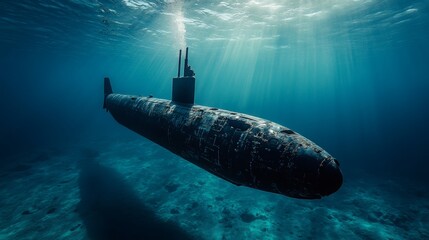 Military submarine descending beneath the ocean surface for stealth operations and exploration