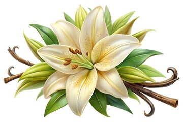 Elegant White Lily and Vanilla Pods Illustration Realistic Botanical Art on Black Background