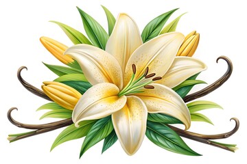 Obraz premium Elegant White Lily and Vanilla Pods Illustration Realistic Botanical Art on Black Background