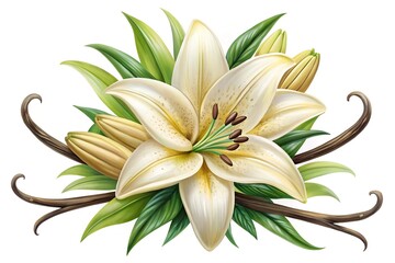 Fototapeta premium Elegant White Lily and Vanilla Pods Illustration Realistic Botanical Art on Black Background