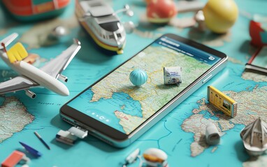 A smartphone with a map app open on the screen, surrounded by miniature travel items, symbolizing travel planning and exploration.