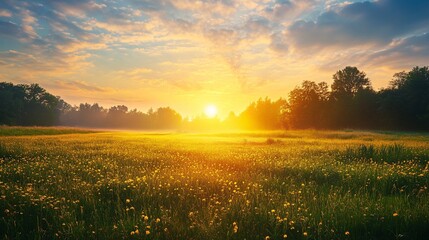 Golden Hour Sunrise Over a Meadow with Flowers and Trees