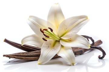 Elegant White Lily and Vanilla Pods Illustration Realistic Botanical Art on Black Background