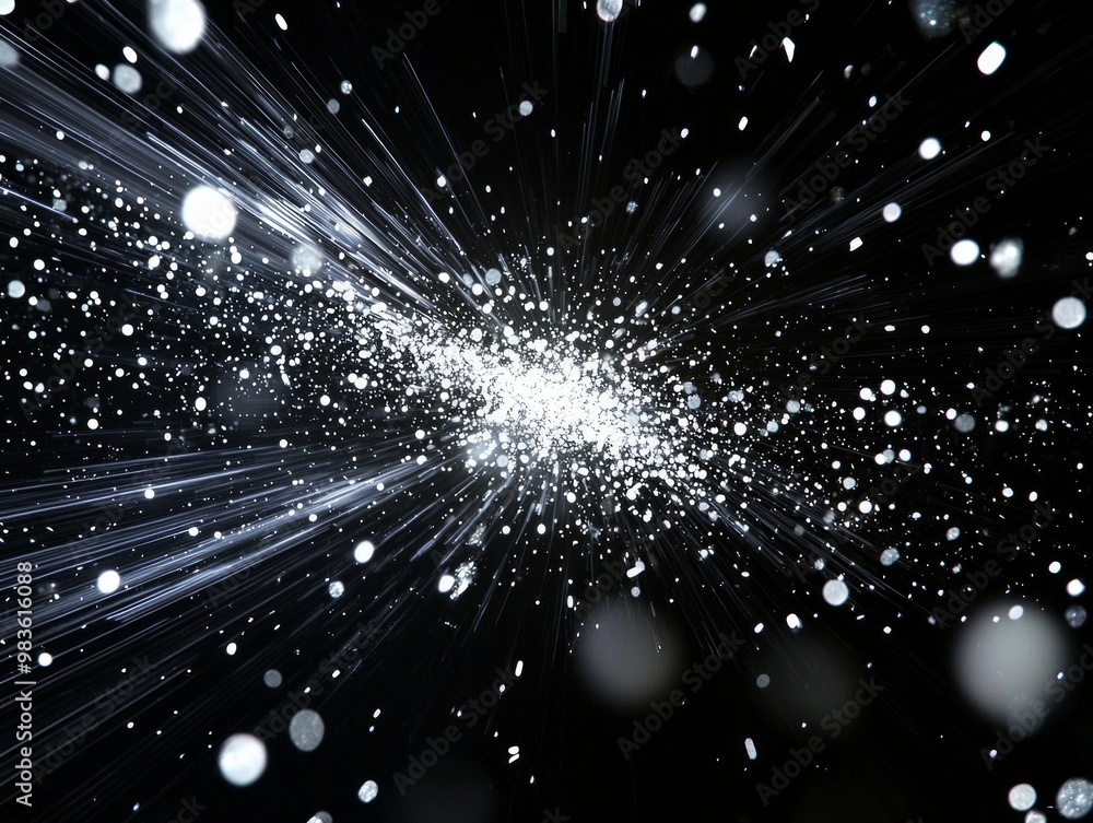 Poster sparkling silver dots and luminous particles surge outward from the center, creating a captivating e