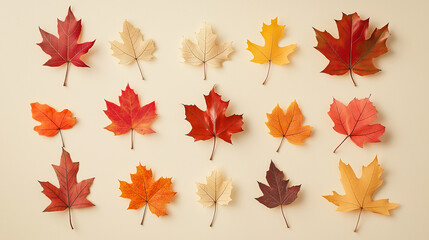 Obraz premium autumn leaves, like maple and oak, in various shades of orange, red, and yellow against an isolated soft beige background