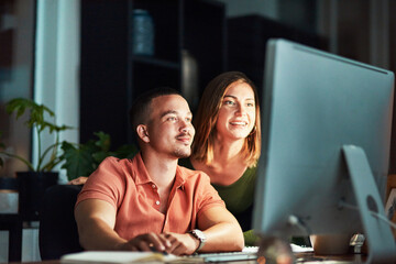 Computer, reading and team with business people for email marketing, target audience research and...