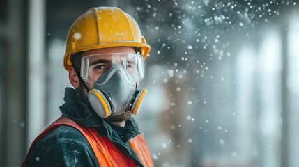 Skilled construction worker donning high quality dust mask amidst floating glass wool particles