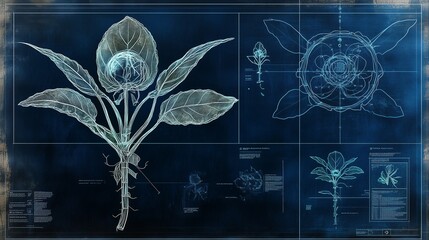 Detailed botanical illustration showing the structure of a flower with leaf and stem anatomy against a blueprint-style background