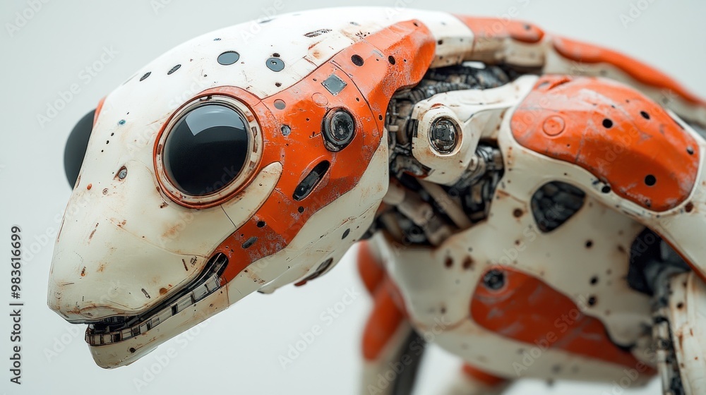 Poster a robotic frog with a sleek design and detailed mechanical features.