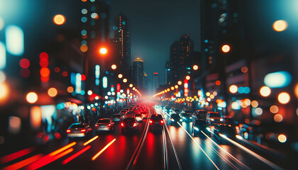 A vibrant cityscape at night, lights blurring into a colorful symphony.
