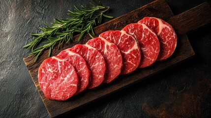  Sliced Raw Beef on Wooden Board with Rosemary – Space for Text on Dark Wood Background