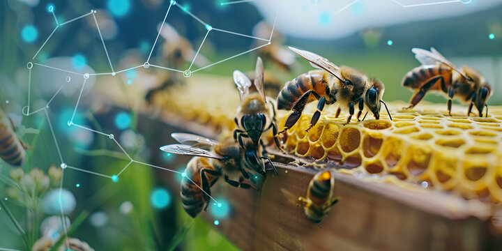 Honey Bees Working on Hive with Data Network Overlay, Bees Pollinating on Honeycomb with Digital Elements - Powered by Adobe