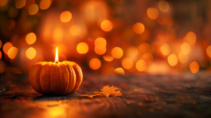 Halloween pumpkin with candlelight and bokeh background.