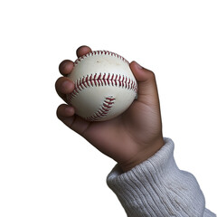 Hand holding a baseball with visible stitches, isolated on a transparent background