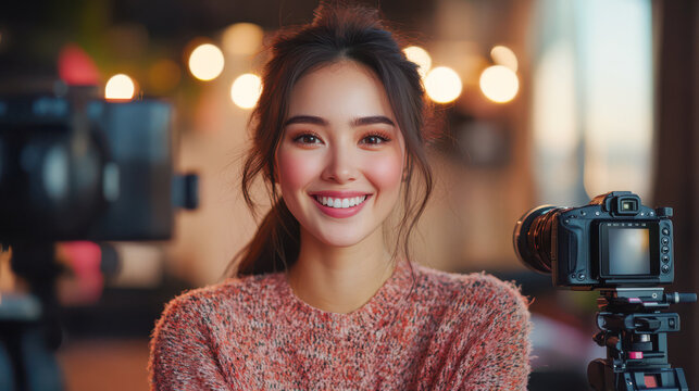 Smiling Asian Woman Recording Video on Camera