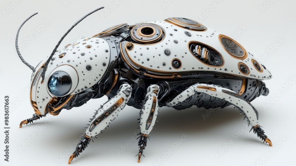 Poster futuristic robotic insect with intricate design and mechanical features.