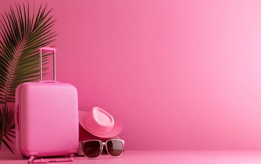 Pink suitcase, hat, and sunglasses against a pink wall with a palm leaf.  Perfect for travel, vacation, or summer themes.