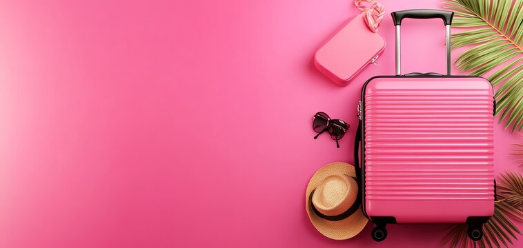 Pink suitcase, hat, and sunglasses on pink background.  Ready for travel.