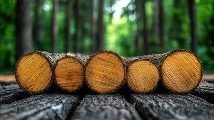 Environmental Impact of Deforestation: Close-up of Felled Trees in Forest with Copy Space for Text