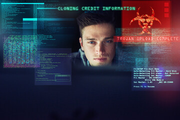 Hacking, cybersecurity and man with malware programming overlay for online data, analysis or firewall for crypto trade. Software, hologram and web hacker with virtual network system in dark office