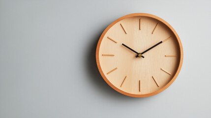 a wooden wall clock with a simple, circular design hanging on a plain wall against an isolated soft light gray background