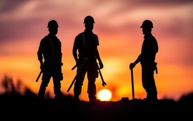 Obraz premium Construction workers silhouetted against a sunset, holding tools, symbolizing hard work and achievement