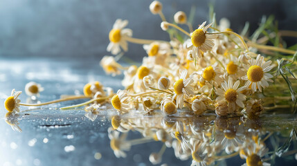 a high-contrast shot of dried chamomile flowers placed on a glossy surface, with dramatic lighting creating reflections and highlights