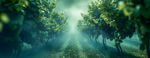 Fototapeta premium aerial view of a lush green vineyard under a radiant sky, symbolizing agriculture, sustainability, and nature's abundance. Perfect for eco friendly and farming related concepts. Eco background