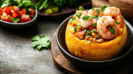 Delicious shrimp atop mound of hearty corn, garnished with fresh herbs Side salad visible in background Latin cuisine dish