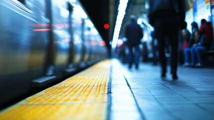 blurred photo of a busy subway platform with a train approaching with a diverse crowd of people waiting, out of focus and blurry