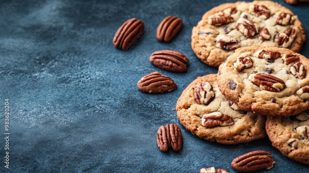 Poster stack of chocolate chip pecan cookies on dark background with scattered pecans