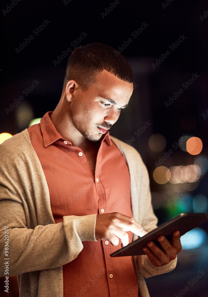 Poster Professional, man and tablet in city at night for typing email and networking with client for a business deal. Bokeh, employee and digital technology outdoor for online research and company deadline