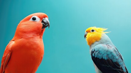 Obraz premium Two colorful parrots facing each other against blue background