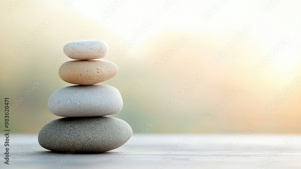 Poster four balanced stones stacked in decreasing size on smooth surface