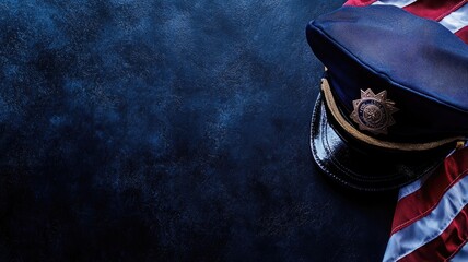 Police hat and flag on dark textured background