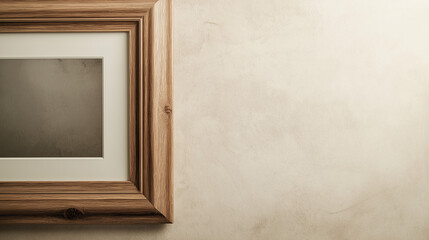 a wooden picture frame with a rustic finish displaying a black-and-white photo against an isolated soft beige background