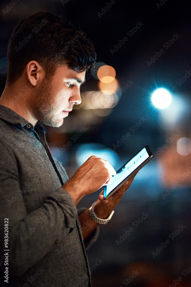 Poster professional, man and tablet outdoor at night for typing email and networking with client for a busi