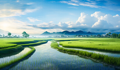 Naklejka premium View of terraced rice fields in a rural Asian setting. Breathtaking scenery showcasing traditional farming practices and breathtaking natural beauty. Ideal for tourism, and environment