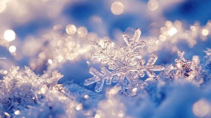 Delicate snowflake resting on soft snow, sparkling in the winter light, creating a serene and magical winter scene.