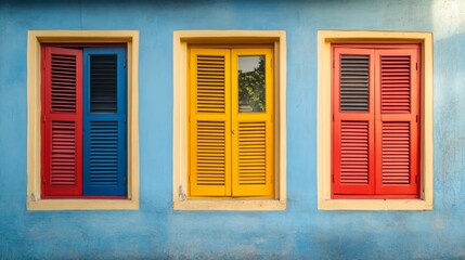 Fototapeta premium Vibrant Shutters Against Subtle Facade, showcasing lively shutters in vivid hues juxtaposed with a soft-toned building exterior, creating a striking visual appeal.