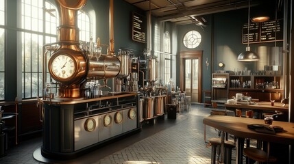 A stylish coffee shop interior featuring a vintage coffee machine and cozy seating.