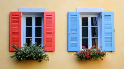 Vibrant Shutter Display, an array of colorful shutters creating a striking contrast against a soft, neutral building facade, enhancing urban charm and visual appeal.