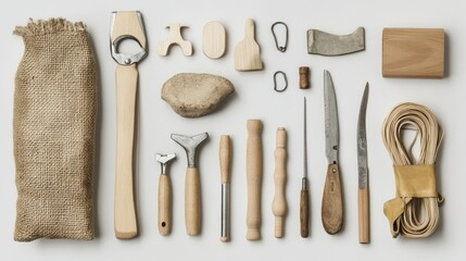 A collection of various wooden and metal tools arranged neatly for crafting or repair tasks.