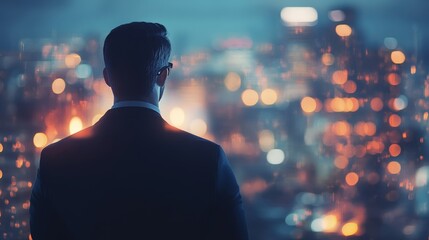 Visionary businessman overlooking a blurred cityscape, symbolizing financial aspirations and success