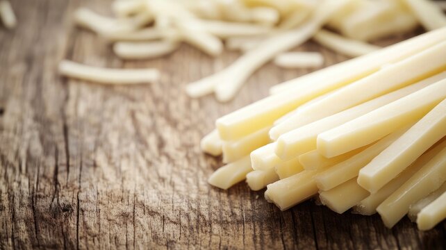 Close-up of sliced string cheese on rustic wooden surface