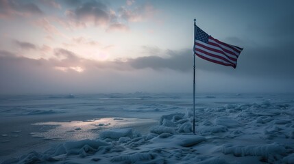 American Flag on Frozen Lake