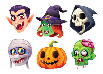 Halloween character faces including vampire, witch, grim reaper, mummy, pumpkin, and zombie. Vector cartoon illustration